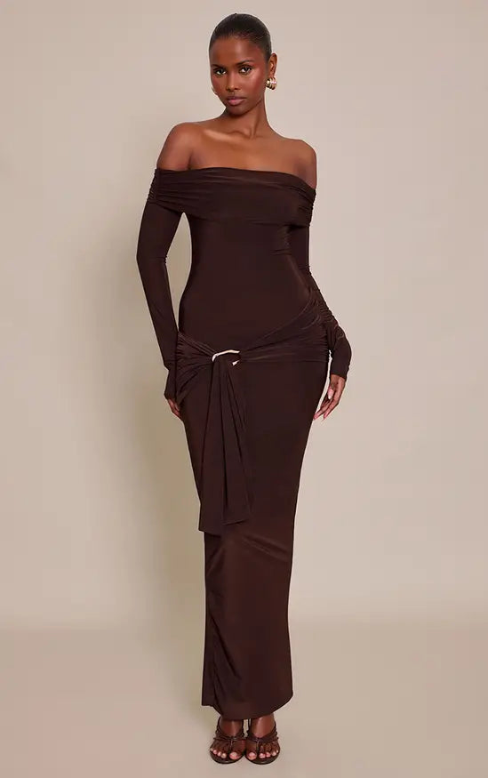 Plt - Chocolate Slinky Off The Shoulder Wrap Maxi Dress