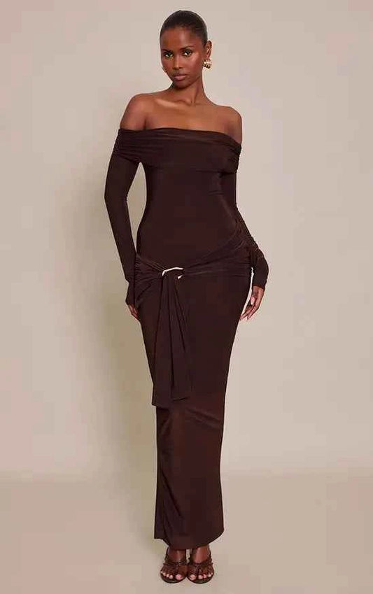 Plt - Chocolate Slinky Off The Shoulder Wrap Maxi Dress
