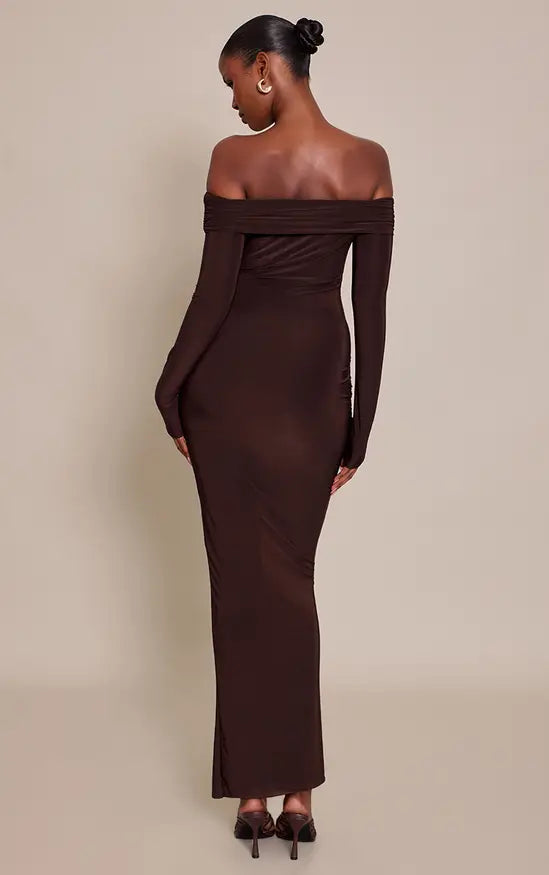 Plt - Chocolate Slinky Off The Shoulder Wrap Maxi Dress