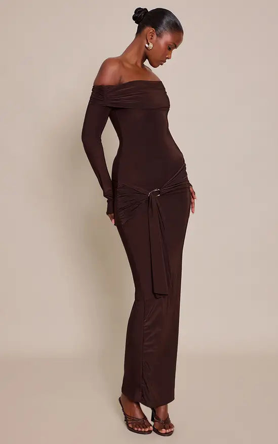 Plt - Chocolate Slinky Off The Shoulder Wrap Maxi Dress