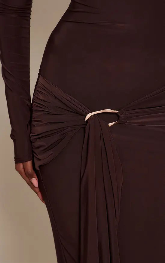 Plt - Chocolate Slinky Off The Shoulder Wrap Maxi Dress