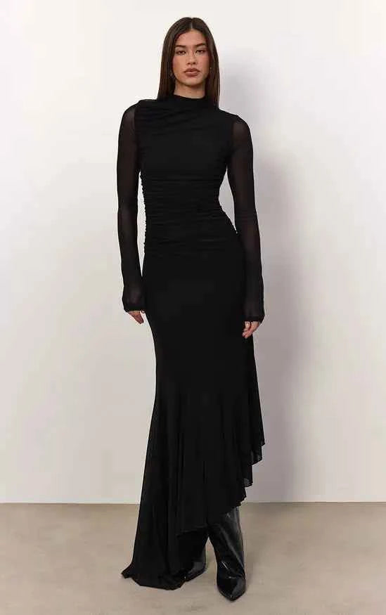 Black Mesh Long Sleeve High Neck Ruched Maxi Dress