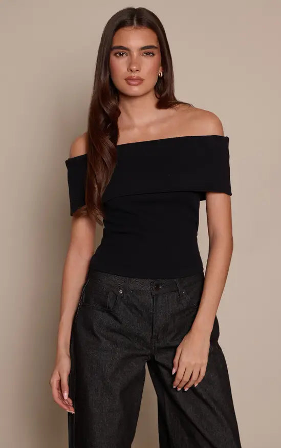 Plt - Basic Black Contour Rib Fold Over Bardot Detail Long Top