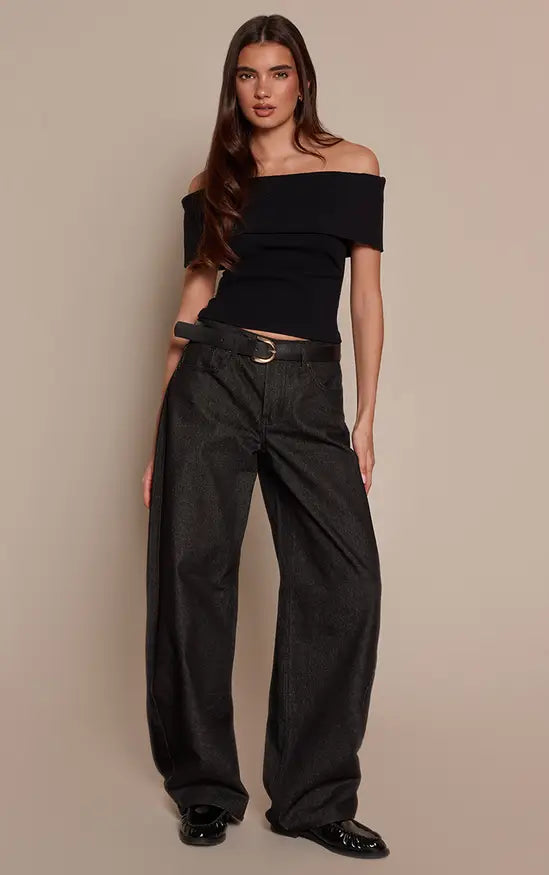 Plt - Basic Black Contour Rib Fold Over Bardot Detail Long Top