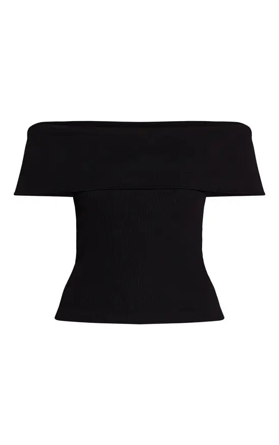 Plt - Basic Black Contour Rib Fold Over Bardot Detail Long Top