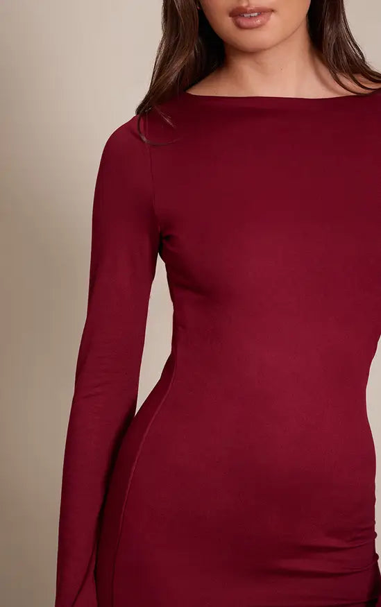 Plt - Wine Soft Touch Jersey Long Sleeve Bodycon Dress