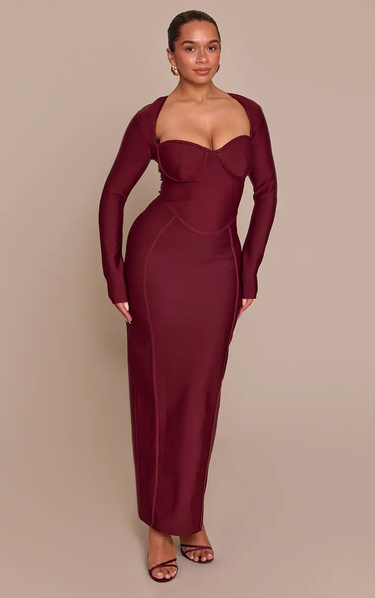 PLT - Shape Wine Bandage Long Sleeve Corset Maxi Dress