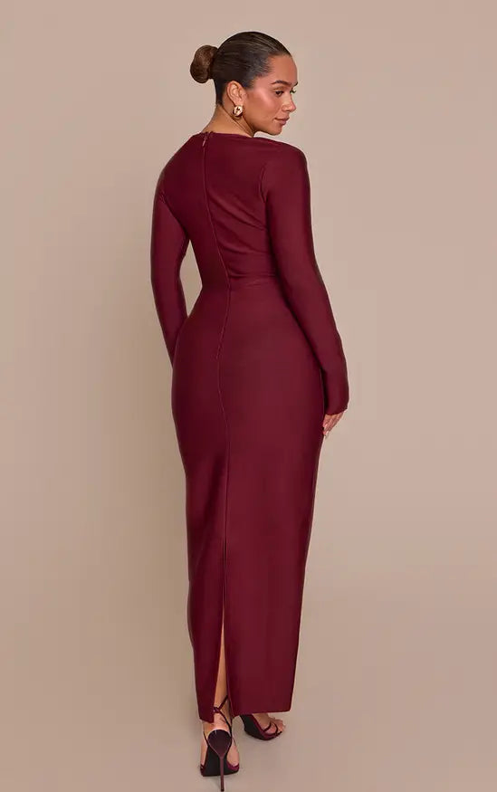 PLT - Shape Wine Bandage Long Sleeve Corset Maxi Dress