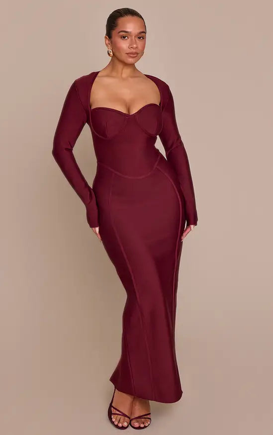 PLT - Shape Wine Bandage Long Sleeve Corset Maxi Dress