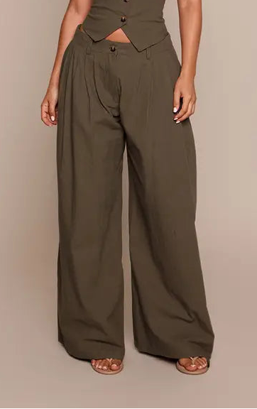 Petite Dark Khaki Linen Look Wide Leg Trousers Co-ord