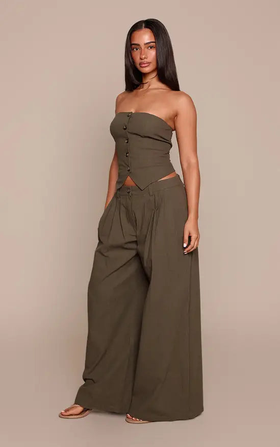 Petite Dark Khaki Linen Look Wide Leg Trousers Co-ord