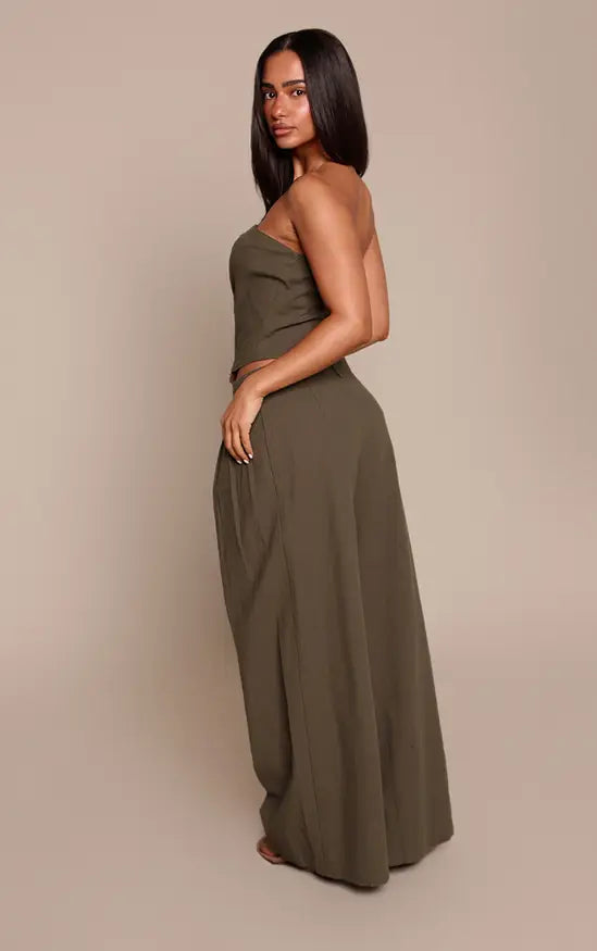 Petite Dark Khaki Linen Look Wide Leg Trousers Co-ord