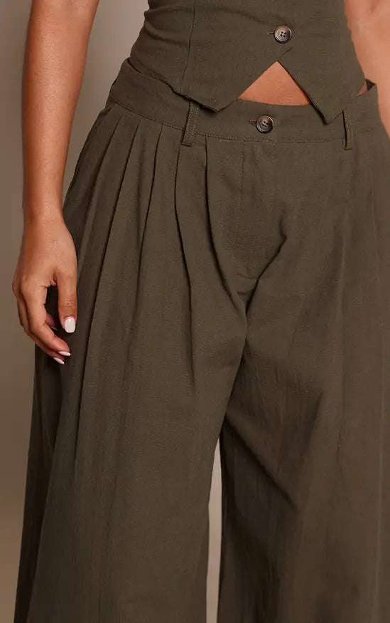 Petite Dark Khaki Linen Look Wide Leg Trousers Co-ord