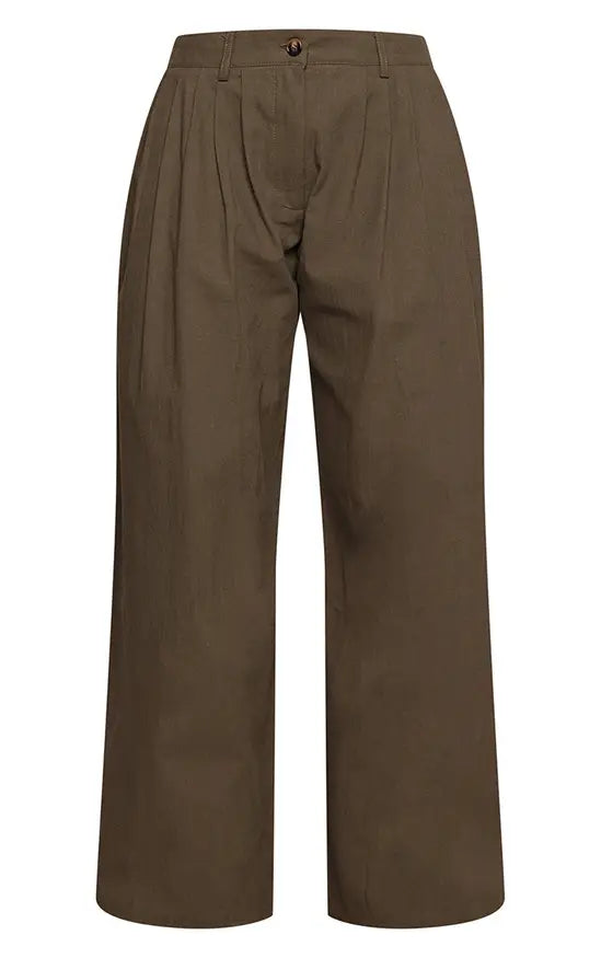 Petite Dark Khaki Linen Look Wide Leg Trousers Co-ord
