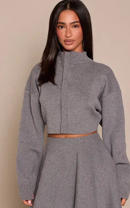 Plt - Petite Grey Marl Ribbed Knit Zip Up Cardigan