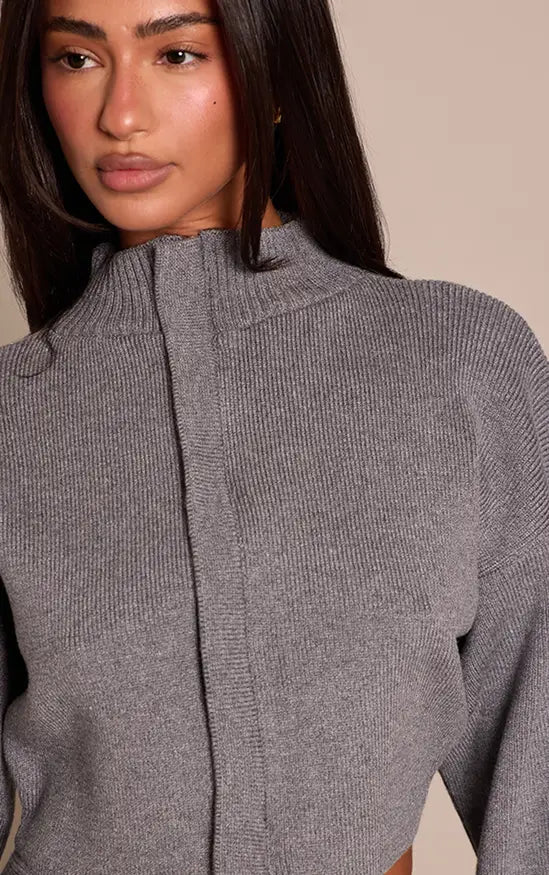 Plt - Petite Grey Marl Ribbed Knit Zip Up Cardigan