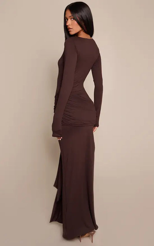 Plt - Tall Chocolate Soft Touch Boat Neck Wrap Detail Maxi Dress