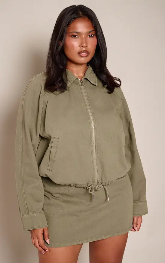 Plus Khaki Denim Zip Up Bomber Jacket