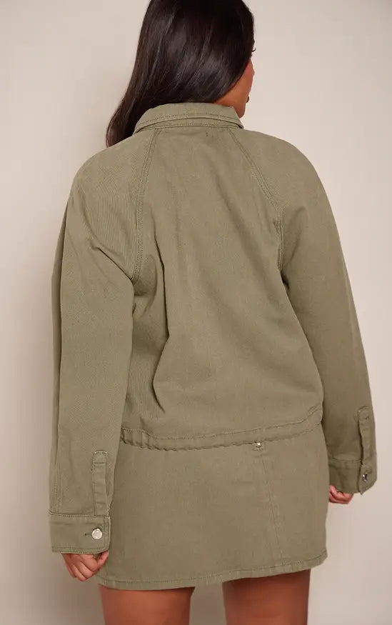Plus Khaki Denim Zip Up Bomber Jacket