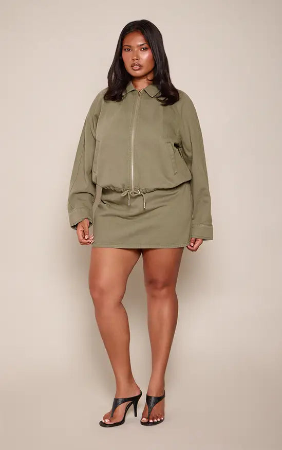 Plus Khaki Denim Zip Up Bomber Jacket