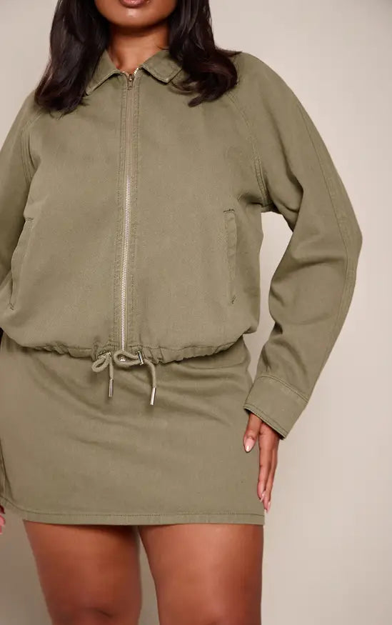 Plus Khaki Denim Zip Up Bomber Jacket