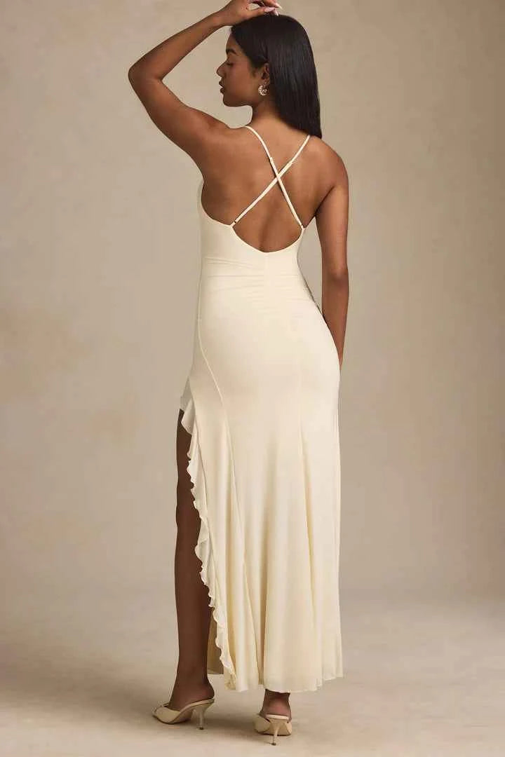 Ohpolly - Ruched Ruffle-Trim Maxi Dress in Ivory