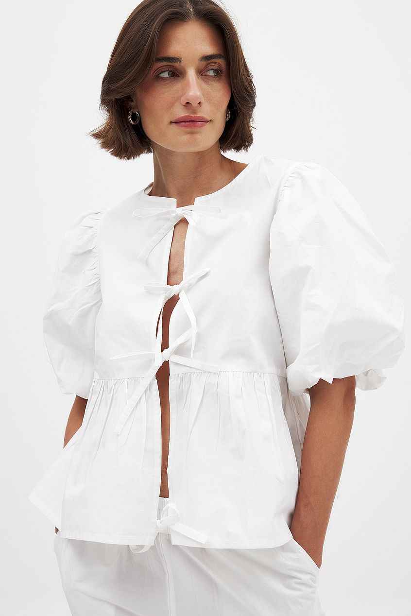 Cotton Puff Sleeve Tie Front Blouse