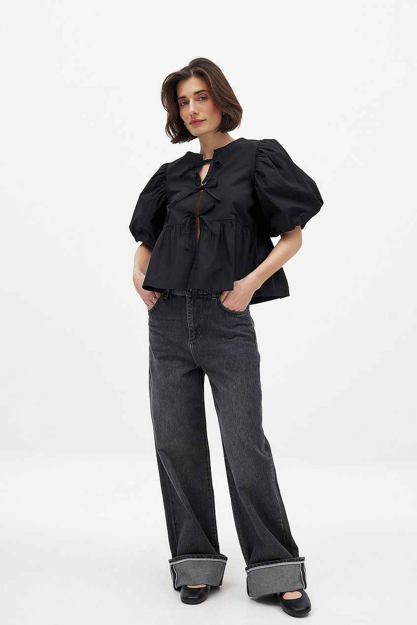 Na-kd - Cotton Puff Sleeve Tie Front Blouse