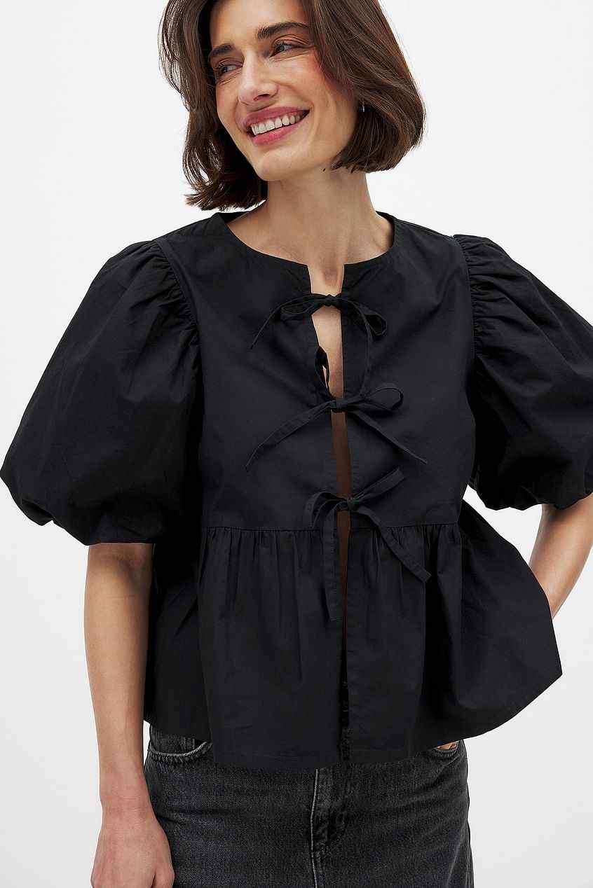 Na-kd - Cotton Puff Sleeve Tie Front Blouse