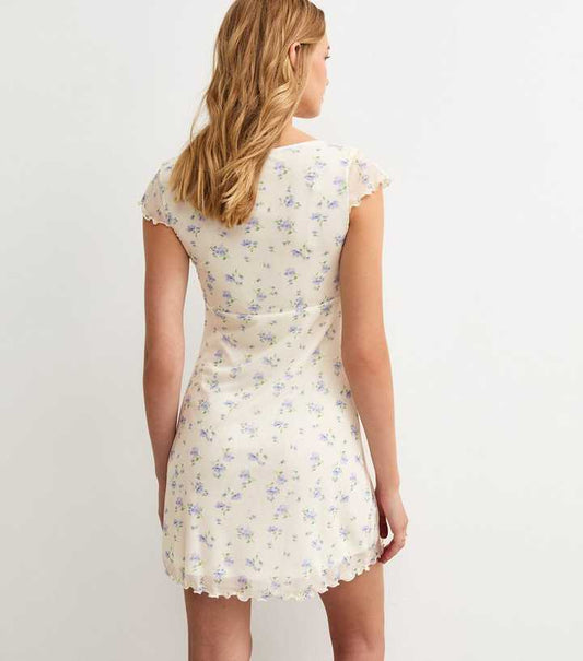 New Look - Cream Floral Print V-Neck Mesh Micro Mini Dress