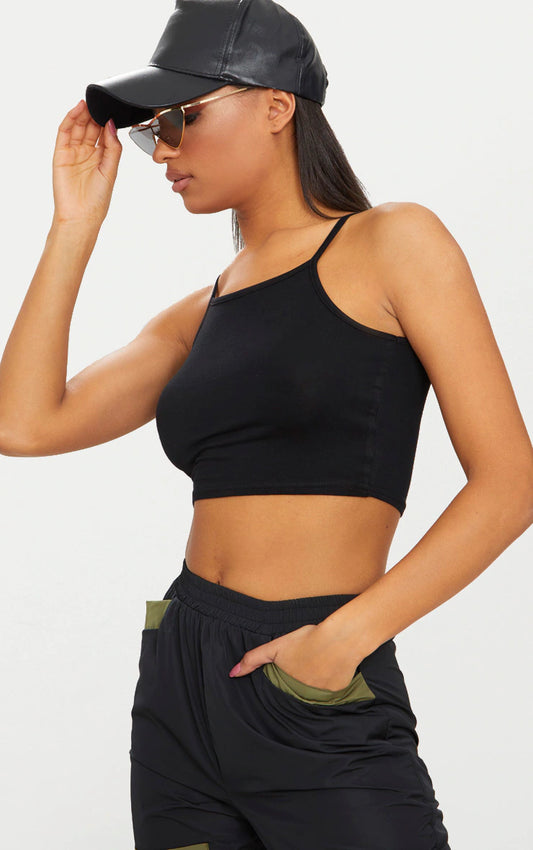 Basic Black Cotton Blend Racer Neck Crop Top