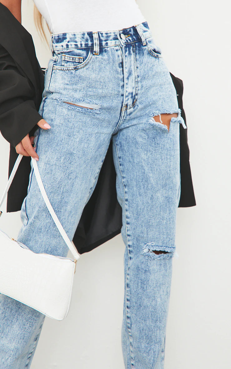 Ice Blue Ripped Split Hem Jeans