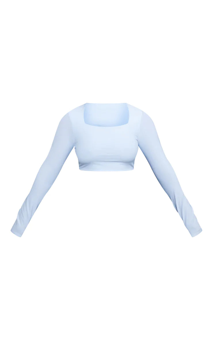 Shape White Slinky Long Sleeve Square Neck Crop Top