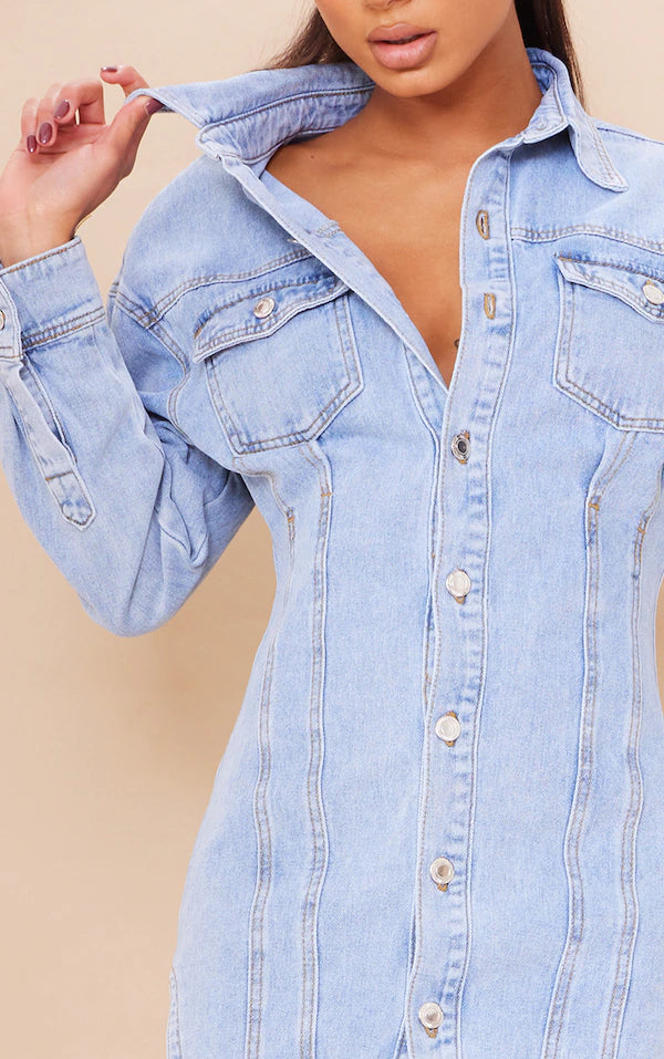 Light Blue Wash Seam Detail Long Sleeve Denim Dress
