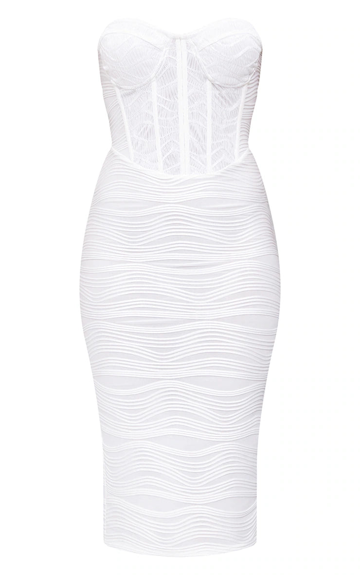 White Crinkle Corset Detail Bandeau Bodycon Dress