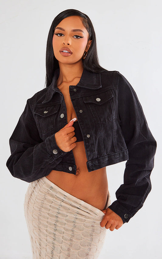 WASHED BLACK CROPPED DENIM JACKET