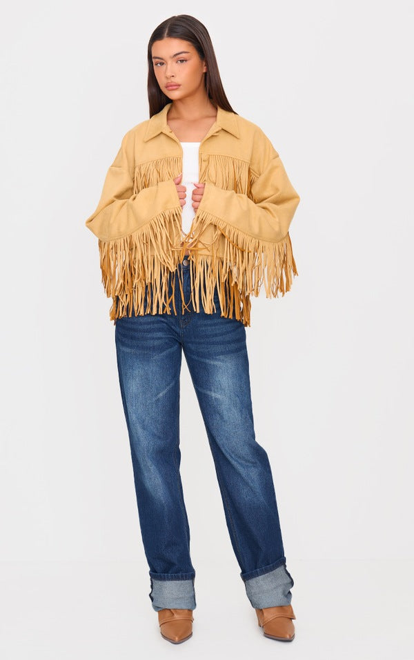 Camel Faux Suede Western Fringe Detail Jacket