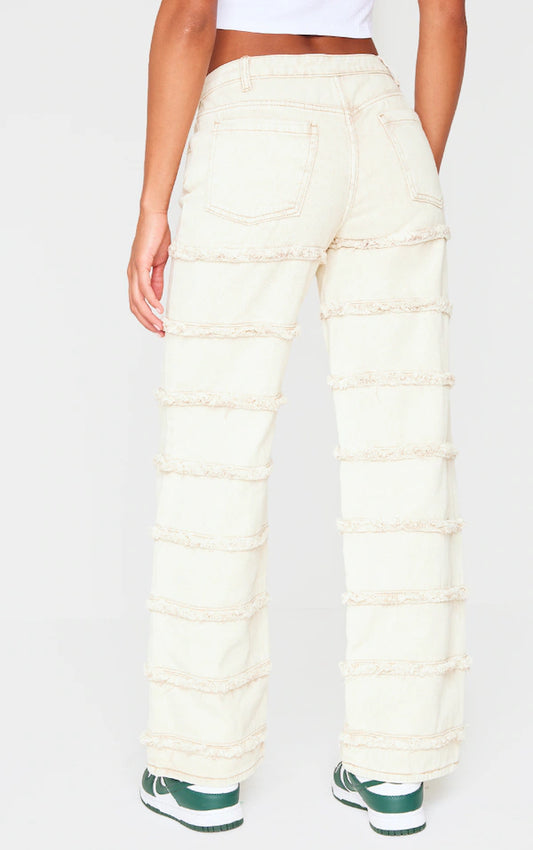 Plt - Washed Stone Frayed Striped Seam Wide Leg Jeans