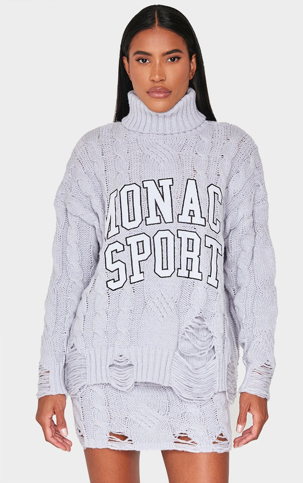 Plt - Grey Cable Knit Distressed Hem Embroidered Roll Neck Jumper