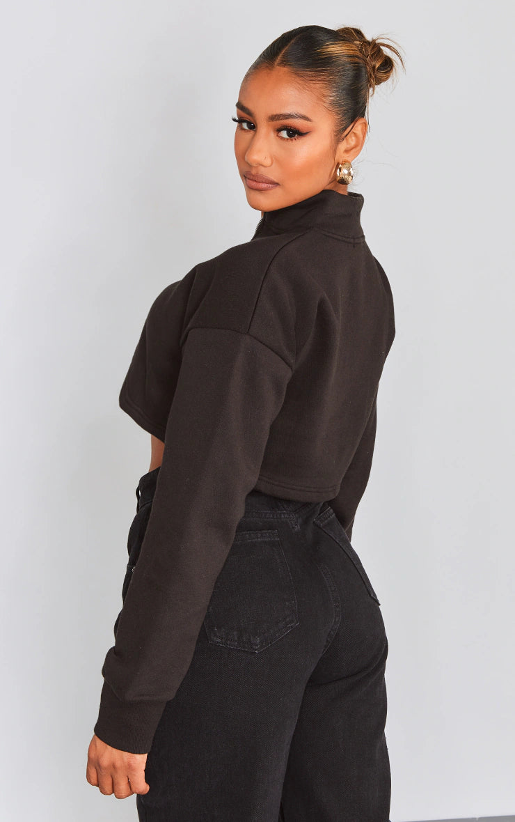 Black High Neck Zip Up Cropped Sweatshirt