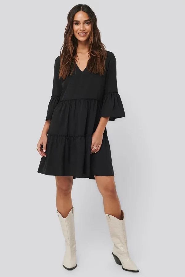 V-neck Ruffle Dress Black