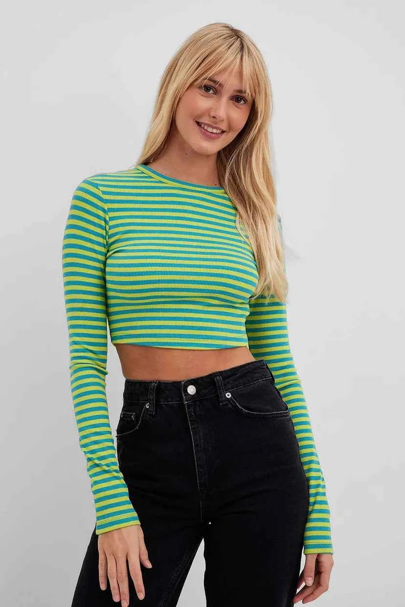 Na-kd Cropped Long Sleeved Striped Top