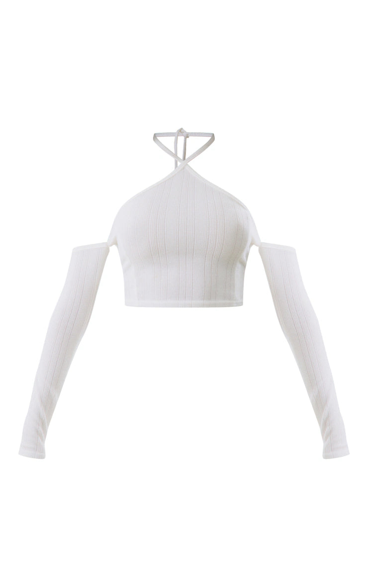 White Textured Halterneck Cold Shoulder Crop Top