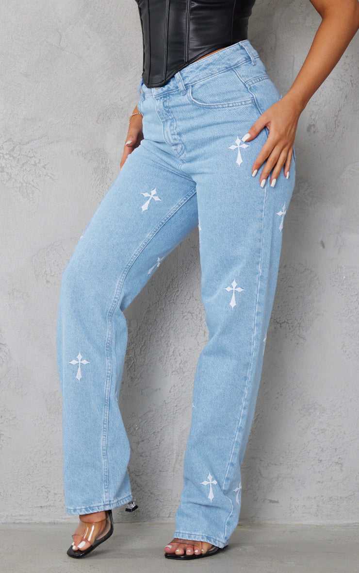 Light Blue Wash Cross Print Long Leg Straight Leg Jeans