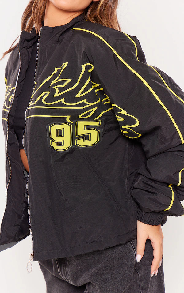 Plt - Black Contrast Oversized Slogan Zip Up Racer Bomber