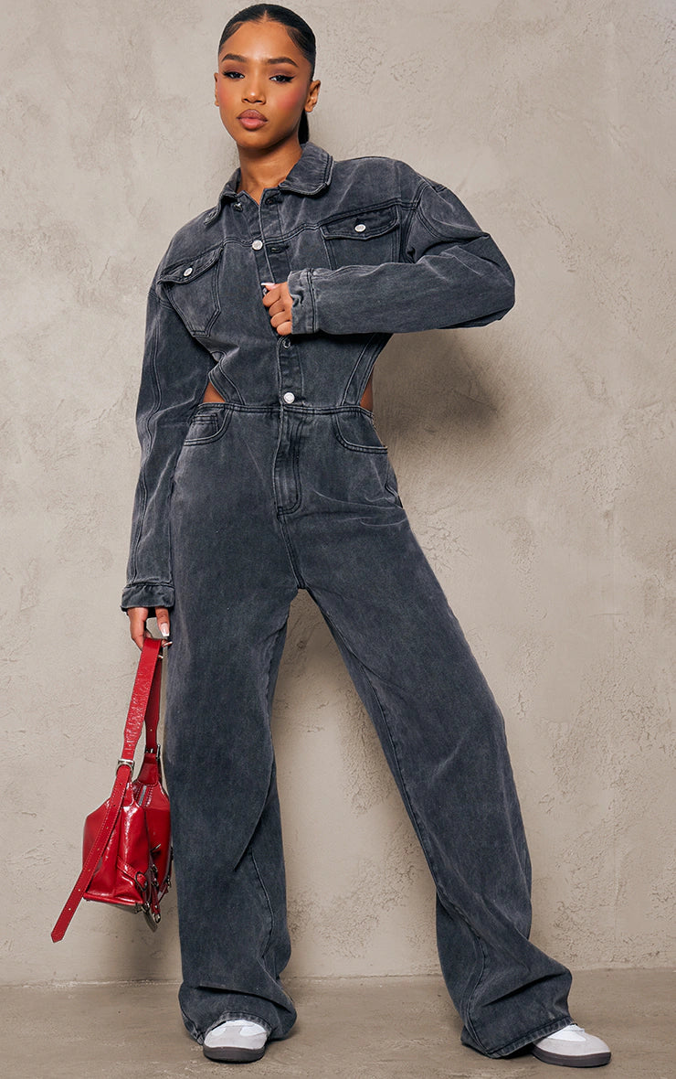 WASHED GREY CUT OUT FRAYED DETAIL DENIM JUMPSUIT