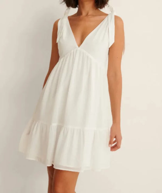 White Tie Shoulder Chiffon Flounce Dress