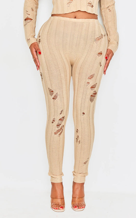 Shape Oatmeal Distress Ribbed Knitted Pants