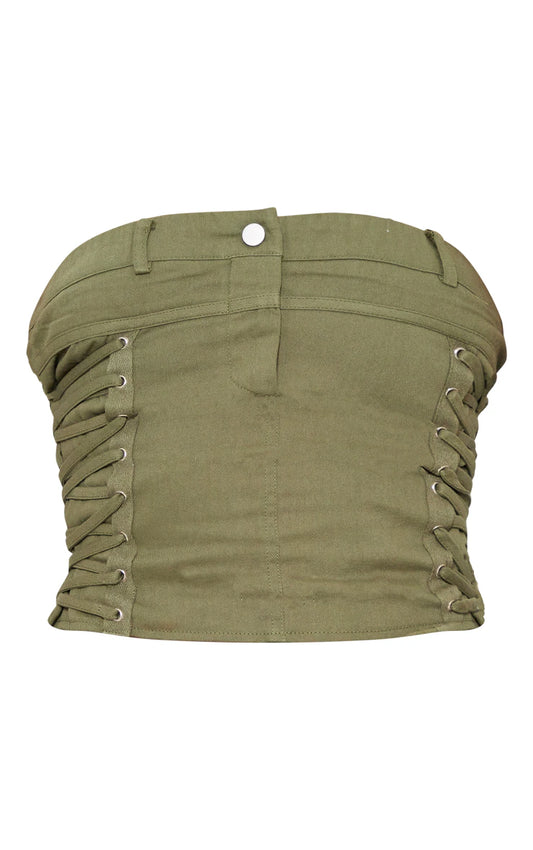 Khaki Woven Waistband Detail Lace Up Side Corset