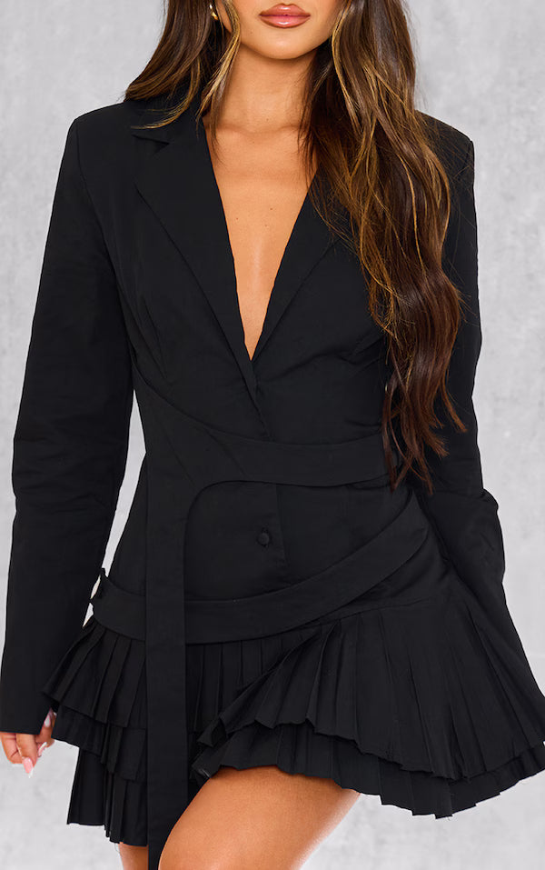 Black Tailored Woven Pleated Belt Blazer Dress